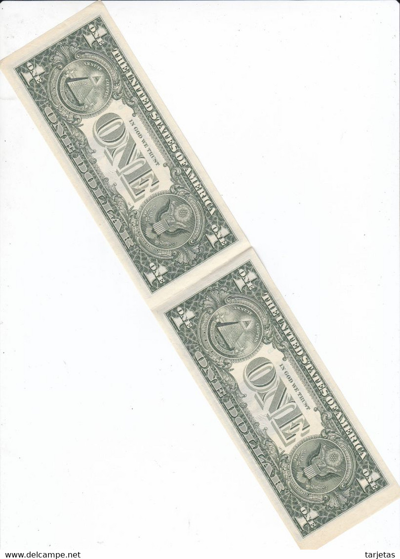 2 BILLETES SIN CORTAR DE ESTADOS UNIDOS DE 1 DOLLAR DEL AÑO 1985 LETRA B NEW YORK  (BANK NOTE) - Biljetten Van De  Federal Reserve (1928-...)