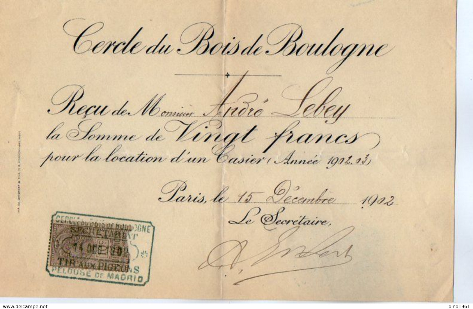 VP18.853 - PARIS 1902 - Sport - Reçu Du Cercle Du Bois De Boulogne / Tir Aux Pigeons - Sport & Turismo