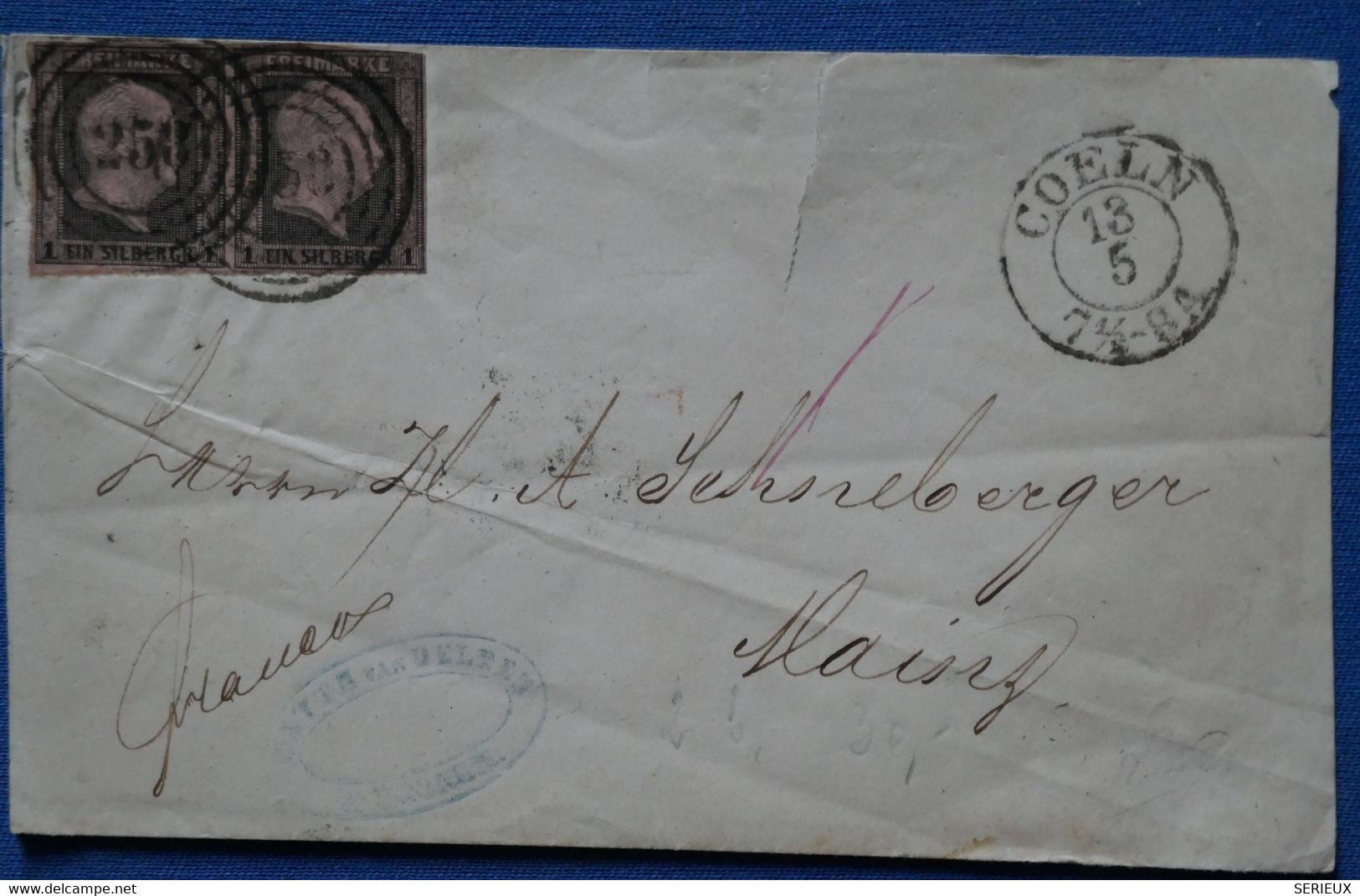 AD18 ALLEMAGNE PRUSSE BELLE LETTRE 1855 COELN POUR MAINZ + PAIRE 1S + AFFRANCHISSEMENT BLEU PLAISANT - Lettres & Documents