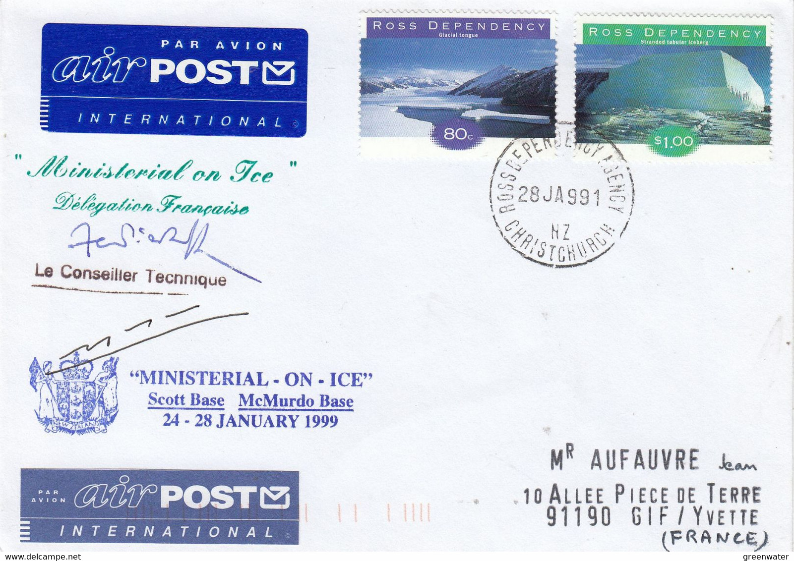 Ross Dependency 1999 Cover Minesterial On Ice Scott Base-McMurdo Base 2 Signatures Ca Ross Christchurch 28 JA 99(GPA123) - Lettres & Documents