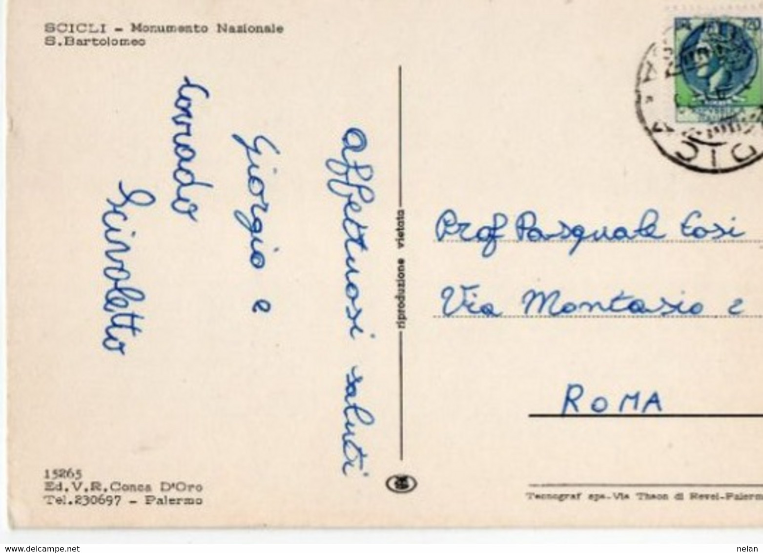 SCICLI - MONUMENTO NAZIONALE S. BARTOLOMEO - F.G  - STORIA POSTALE - Modica