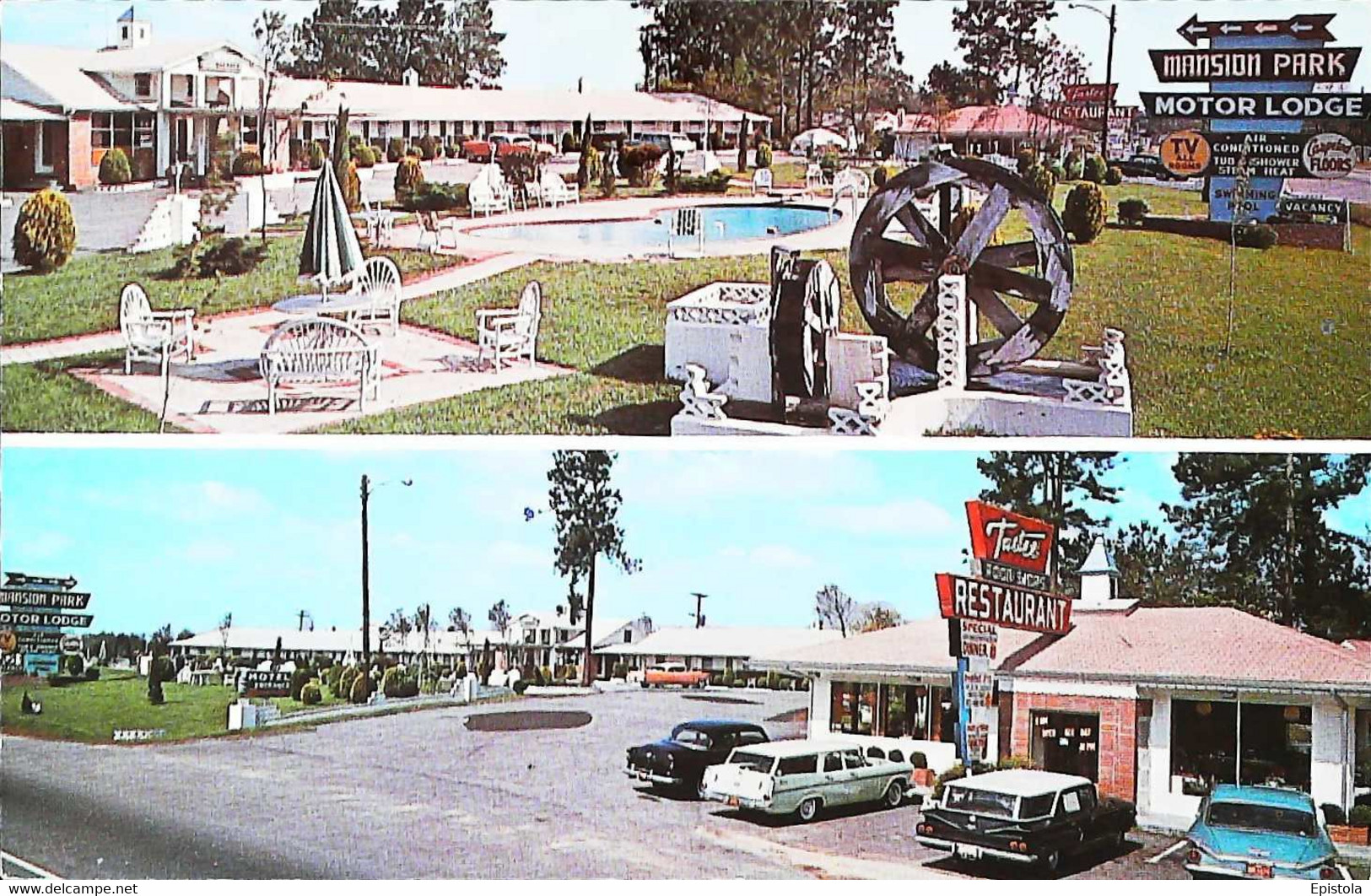 ►  Sanfee (S.C.)  The MANSION - PARK MOTOR LODGE  Swimming Pool & Restaurant  (1962 3c Liberty Stamp Backside ) - Summerville