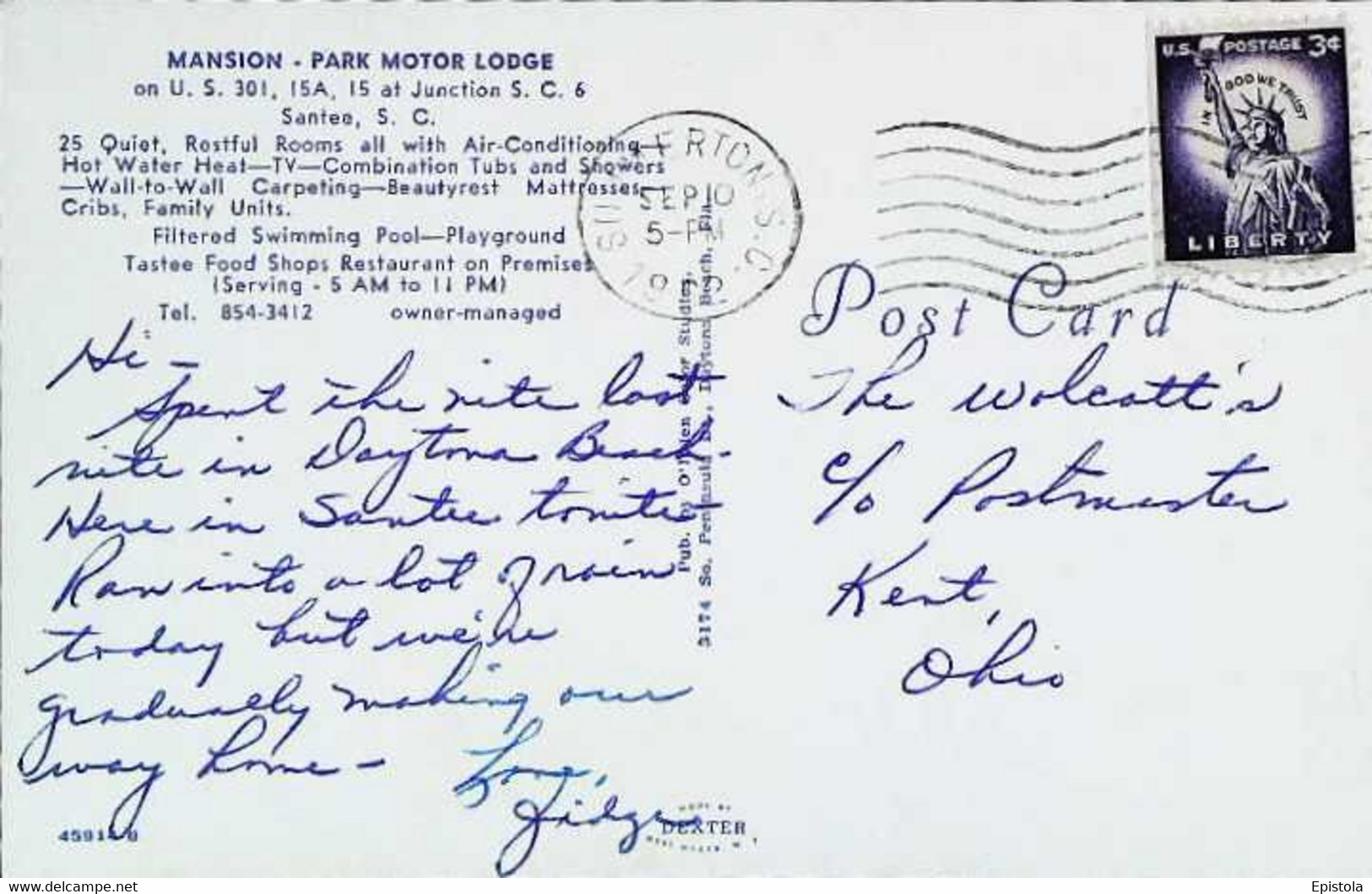►  Sanfee (S.C.)  The MANSION - PARK MOTOR LODGE  Swimming Pool & Restaurant  (1962 3c Liberty Stamp Backside ) - Summerville
