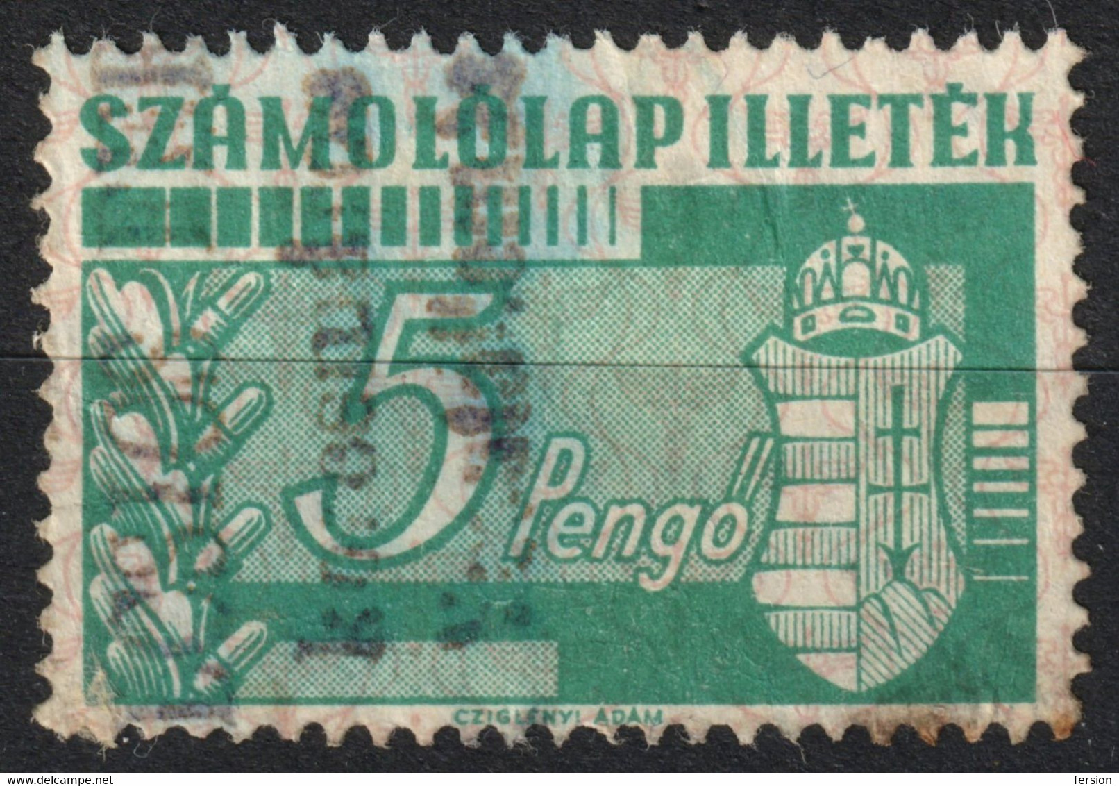 1944 Hungary Ungarn  Hongrie - Revenue Stamp Bill Fiscal Tax  - 5 P / Oak Tree Leaf Acorn - Fiscale Zegels
