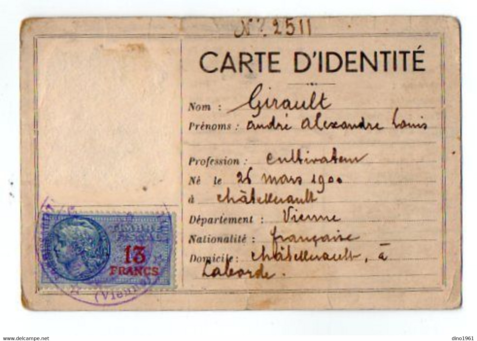 VP18.859 - Commissariat De Police De CHATELLERAULT 19?? - Carte D'Identité - Mr GIRAULT - Polizei