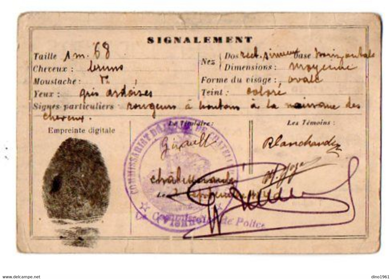 VP18.859 - Commissariat De Police De CHATELLERAULT 19?? - Carte D'Identité - Mr GIRAULT - Police