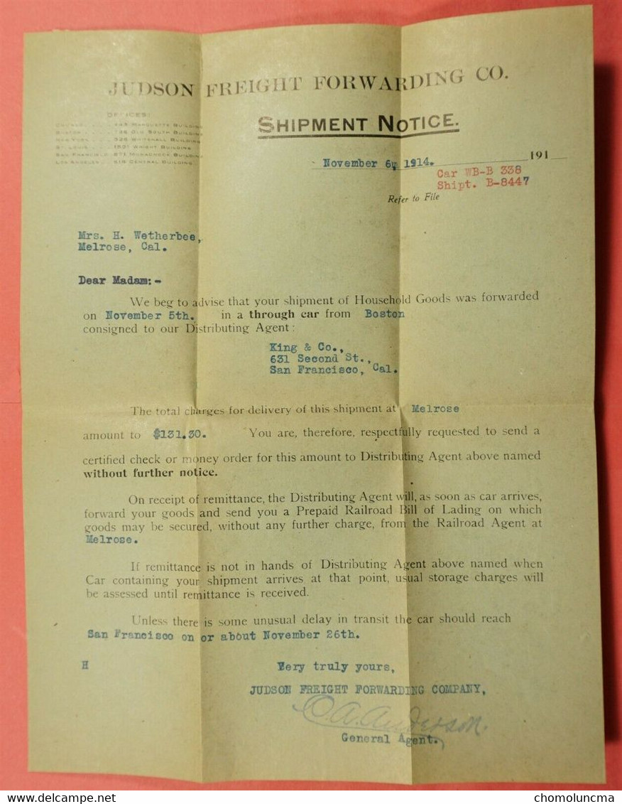 1914 USA Judson Freight Forwarding C. Expédition Fret FERROVIAIRE SHIPMENT NOTICE AVIS EXPÉDITION TRANSPORT TRAIN SNCF - Etats-Unis