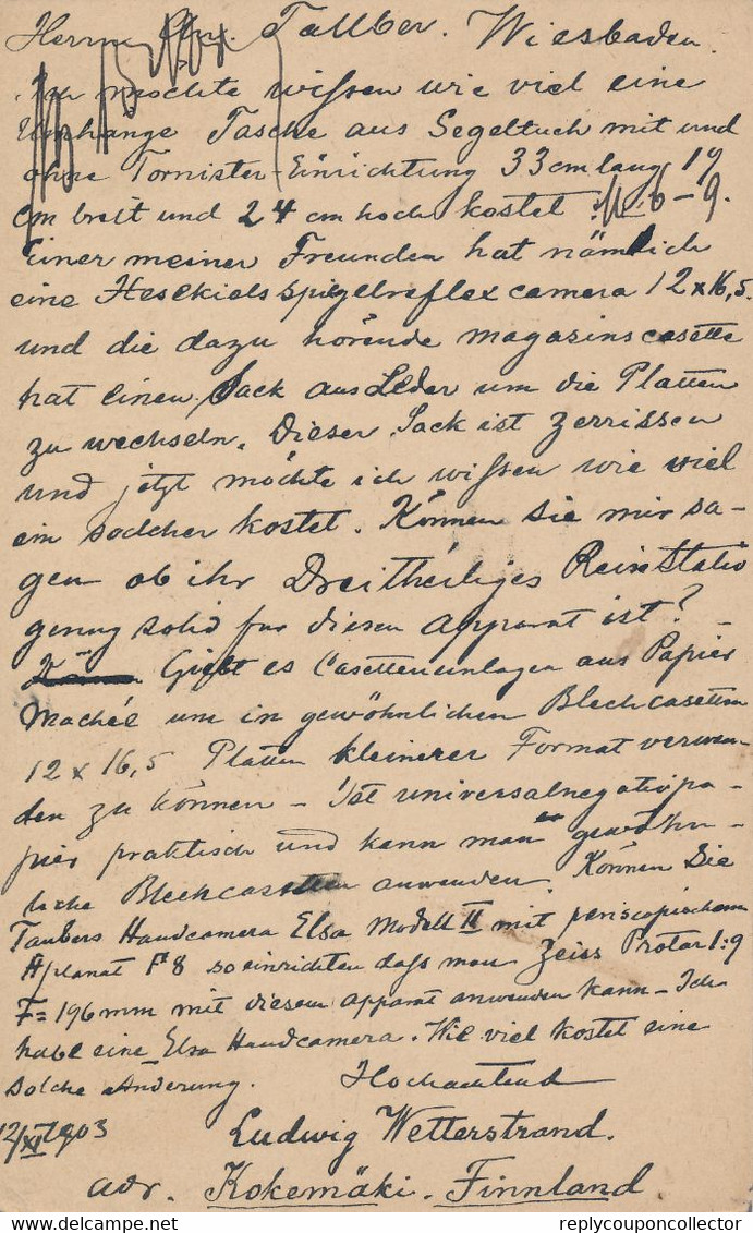 FINNLAND  / Postilj.k.H.-B.  - 1903  , Aus Kokemäki , Ganzsache Von Russland  -  Nach Wiesbaden / DE - Briefe U. Dokumente