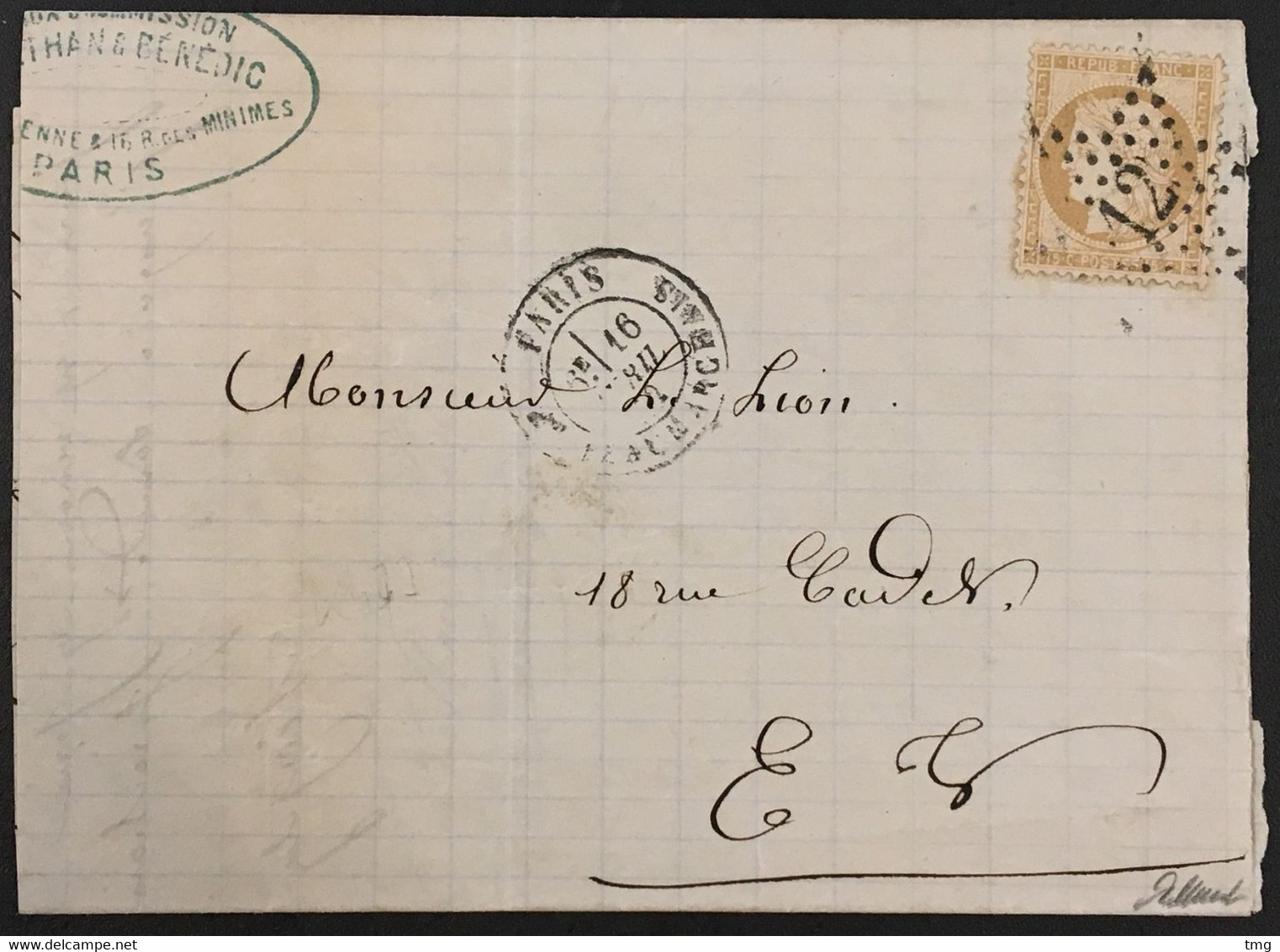 Lettre YT 59 Etoile 12 Paris Rue Beaumarchais Pour Rue Cadet Cachet Type 18 15c 16.04.1872 France – 9bleu - 1849-1876: Periodo Classico