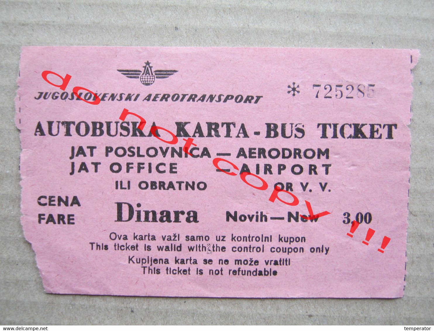 Yugoslavia BUS TICKET / JAT OFFICE - AIRPORT - Europe