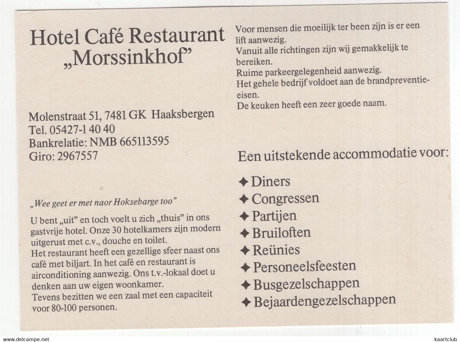 Haaksbergen - Hotel-Café-Rest. 'Morssinkhof', Molenstraat 51 - (Overijssel, Nederland) - Reclamekaartje 14 Cm X 10 Cm - Haaksbergen