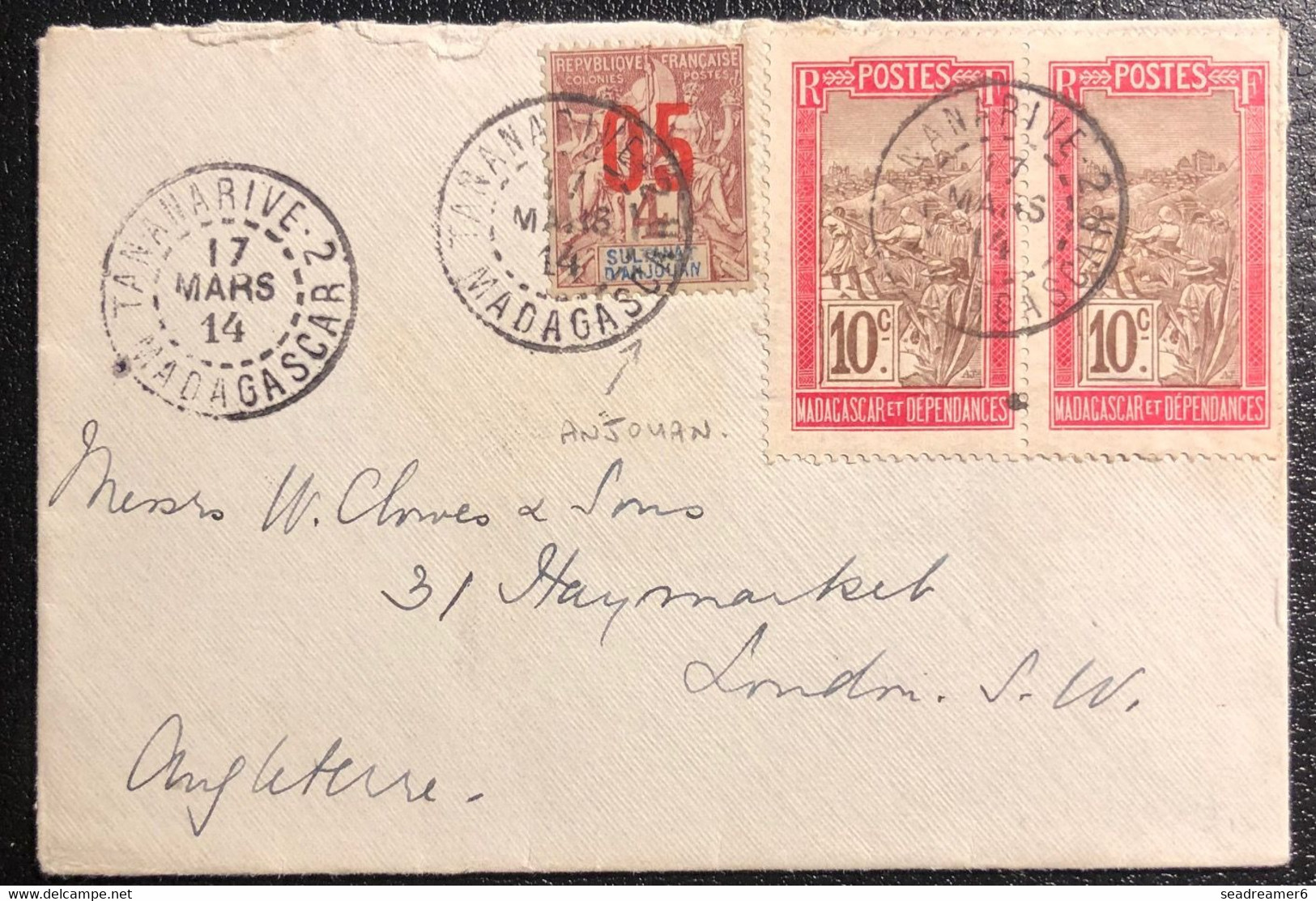 France Colonies Lettre Mixte Anjouan N°21 & Madagascar N° 98 Oblitérés Dateur De "Tananarive  2" Pour L'Angleterre TTB - Storia Postale