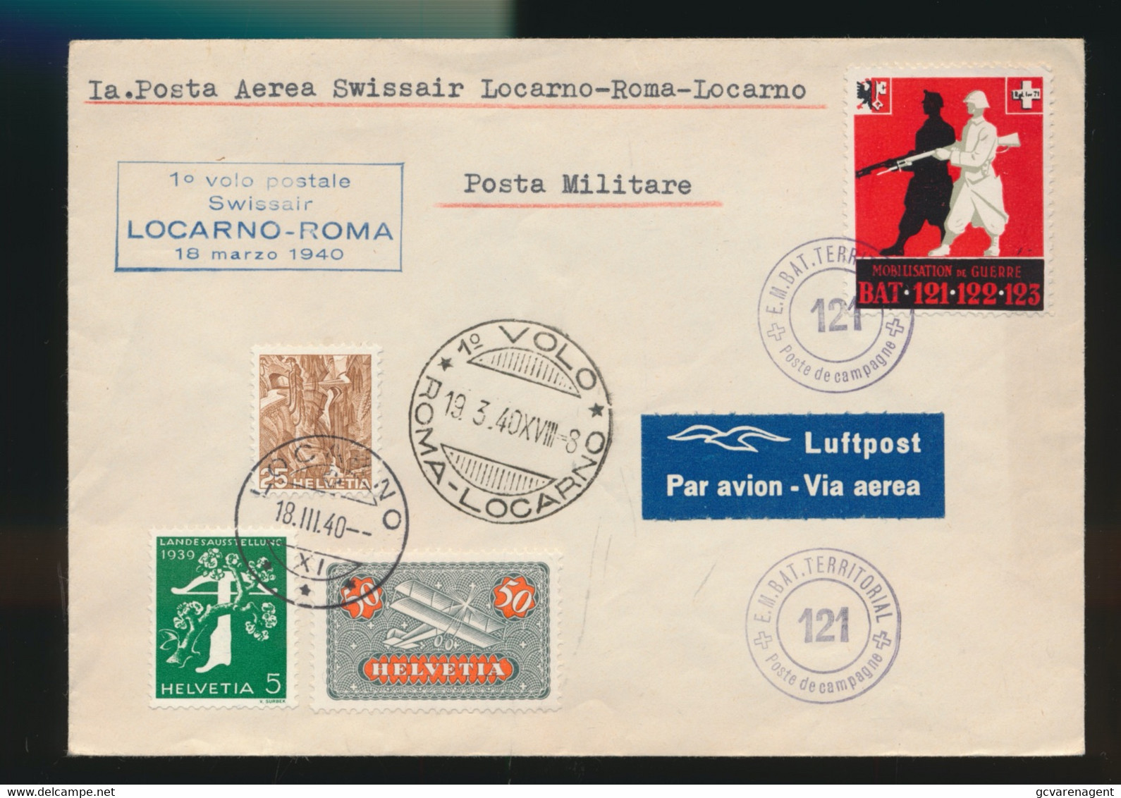 POSTA MILITARE - Ia. POSTA AEREA SWISSAIR LOCARNO - ROMA - LOCARNO - LUFTPOST    2 SCANS - Annullamenti