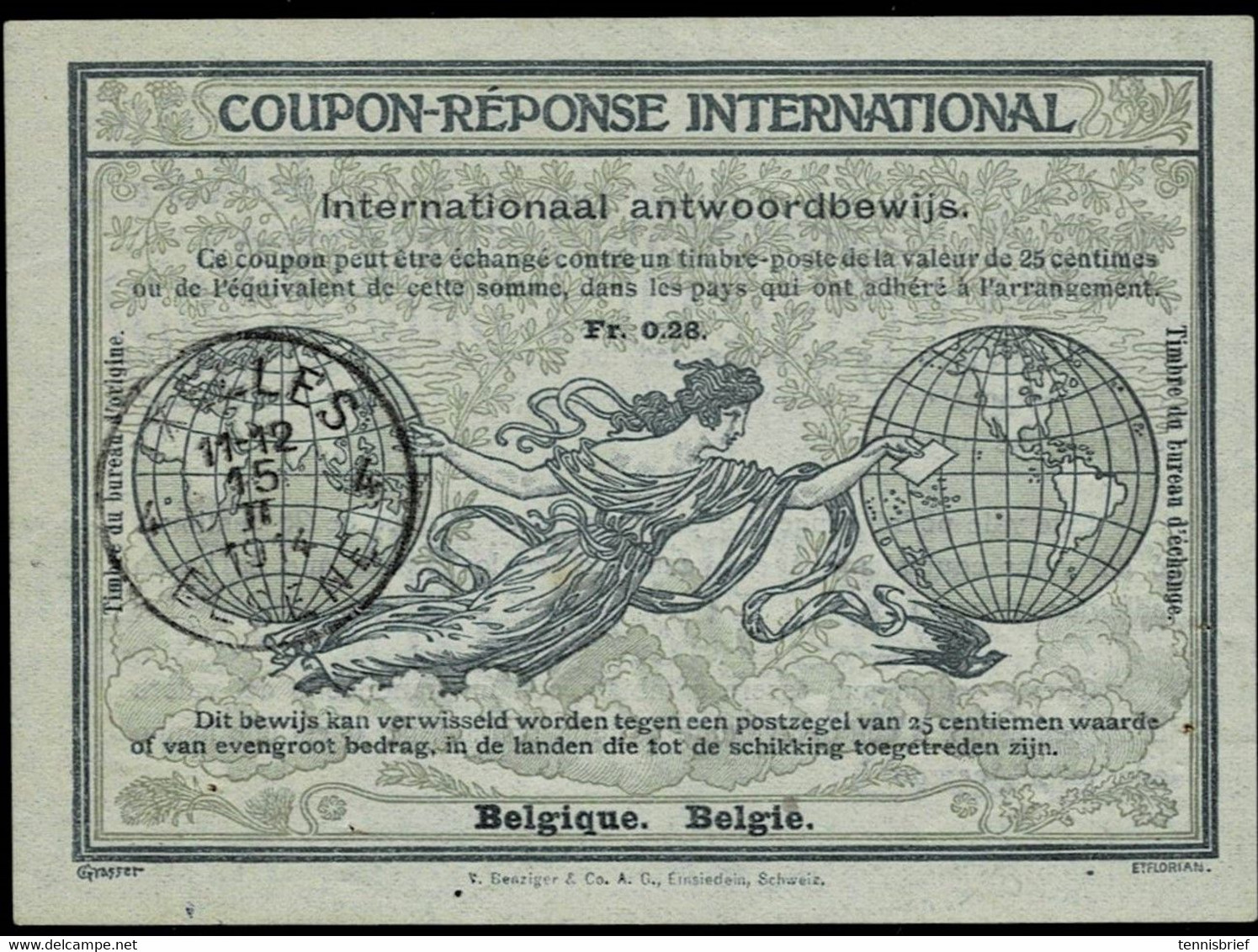 1914, IAS  0,28 Fr. , Claire Oblit. Bruxelles - 15.2.1914 ", # A6466 - Internationale Antwoordcoupons