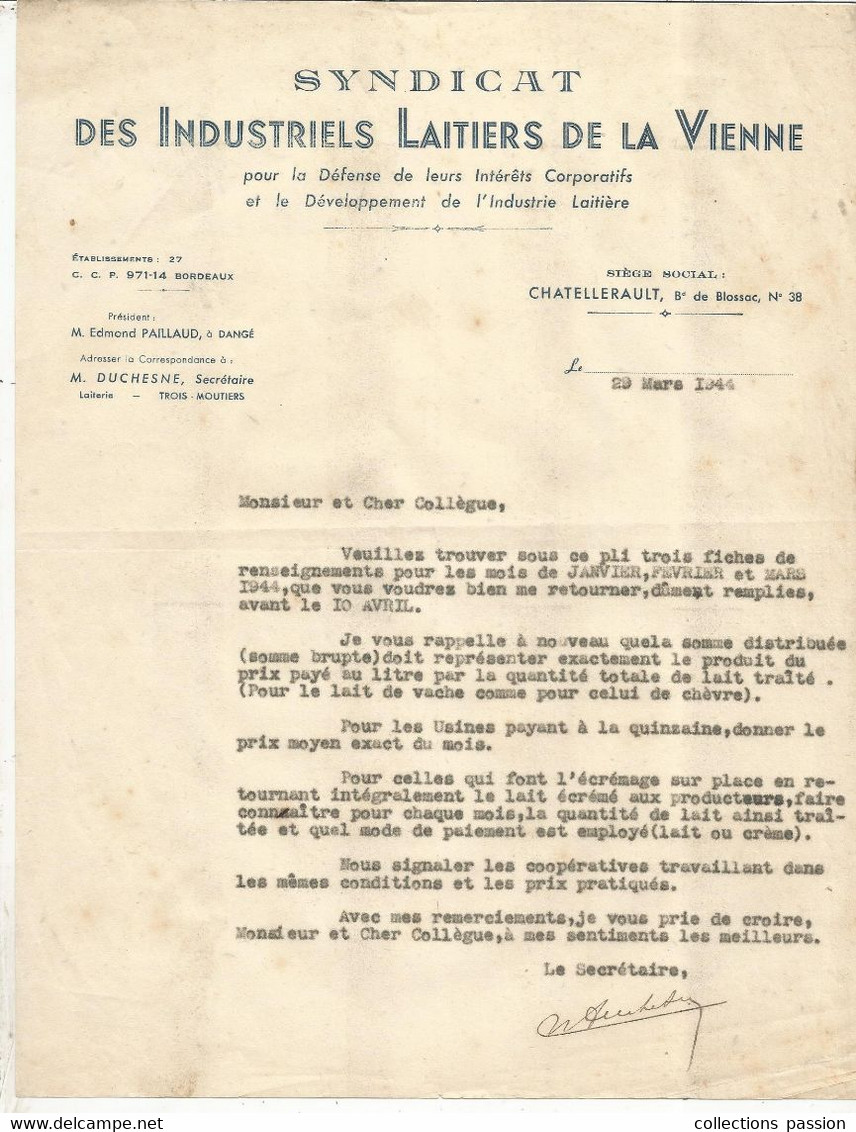 Courrier Commercial, SYNDICAT DES INDUSTRIELS LAITIERS De La Vienne , 1944 ,Chatellerault,  Frais Fr 1.85 E - Alimentare
