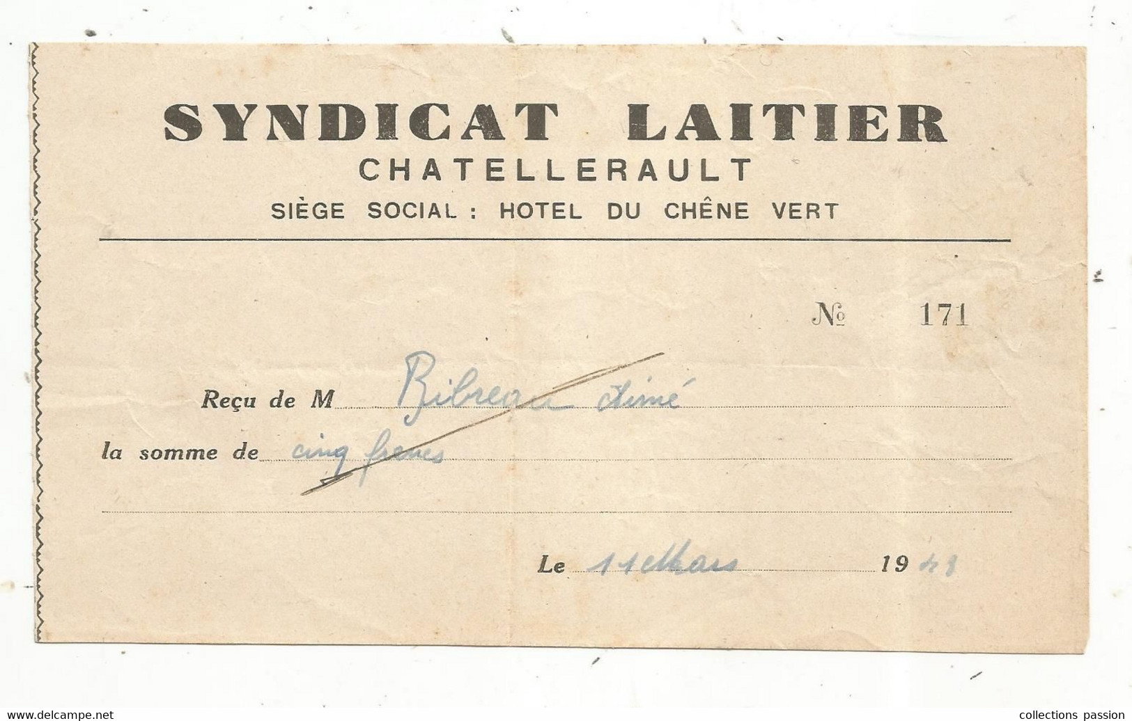 Reçu, SYNDICAT LAITIER De La Vienne , 1949 ,Chatellerault,  Frais Fr 1.65 E - Alimentaire