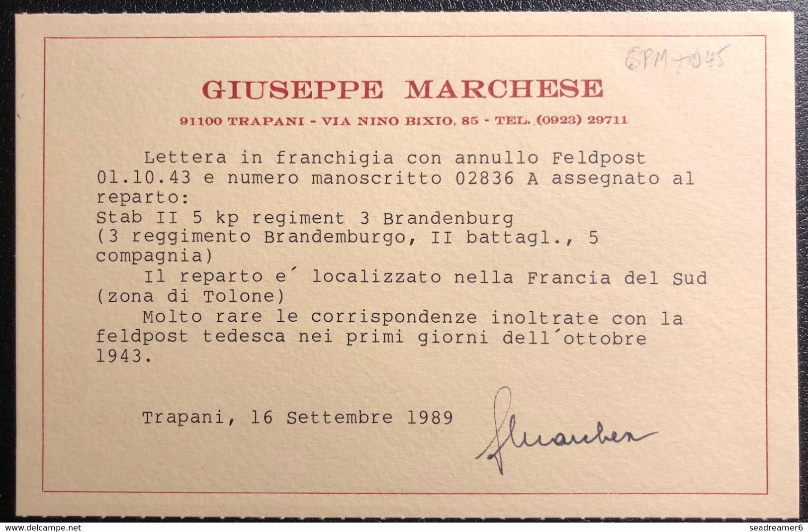 ITALIE WWII Lettre Italie Occupation FELDPOST 01/10/1943 TOULON  MILAN " Le Courrier D'oct 43RRR" Certificat MARCHESE" - Otros & Sin Clasificación