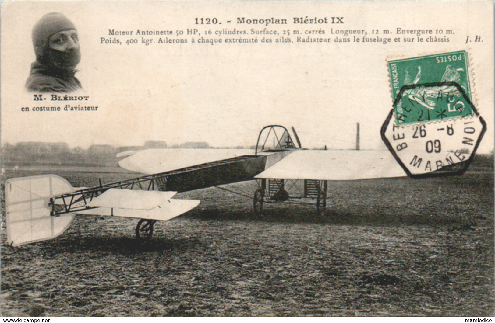 AVIATION MONOPLAN BLERIOT IX  A Voyagé En 1909 (cachet Hexagonal) . 2 Scans  TBE - Aviadores