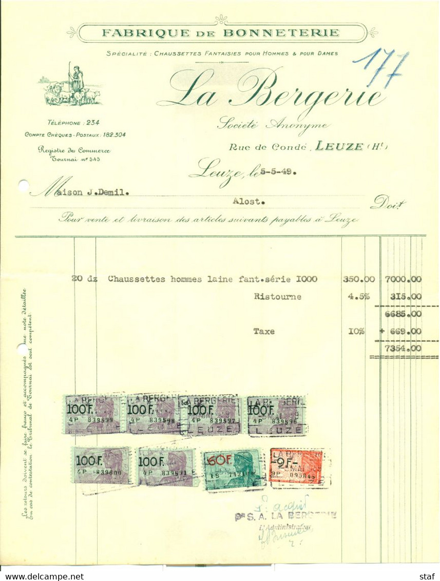 Oude Factuur Fabrique De Bonneterie La Bergerie à Leuze  : 1949 - Textile & Vestimentaire