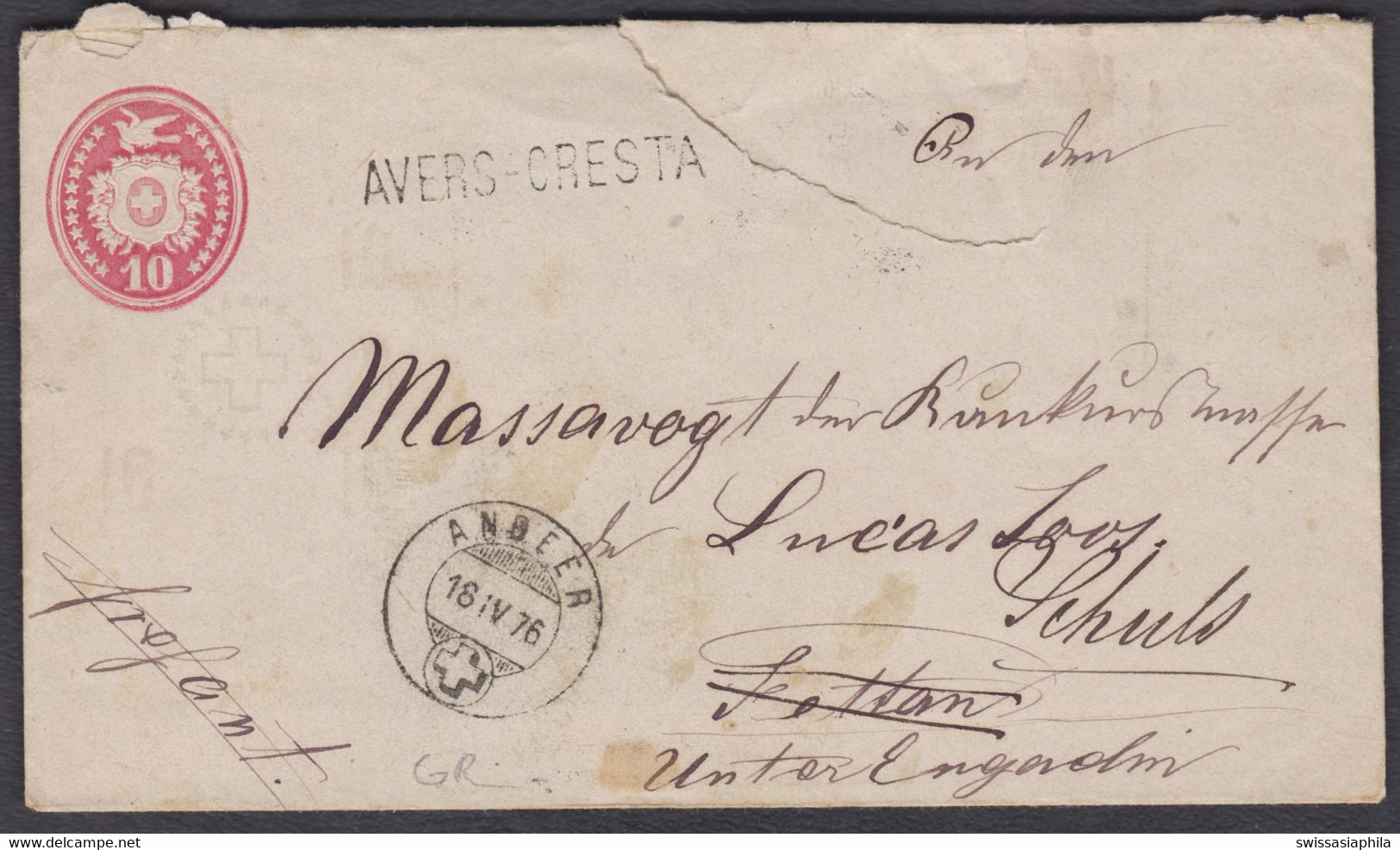 GR GRAUBÜNDEN /  AVERS CRESTA - ANDEER - THUSIS - TIEFENKASTEN - SAMADEN - SCHULS / SELTEN / 1876 - Storia Postale