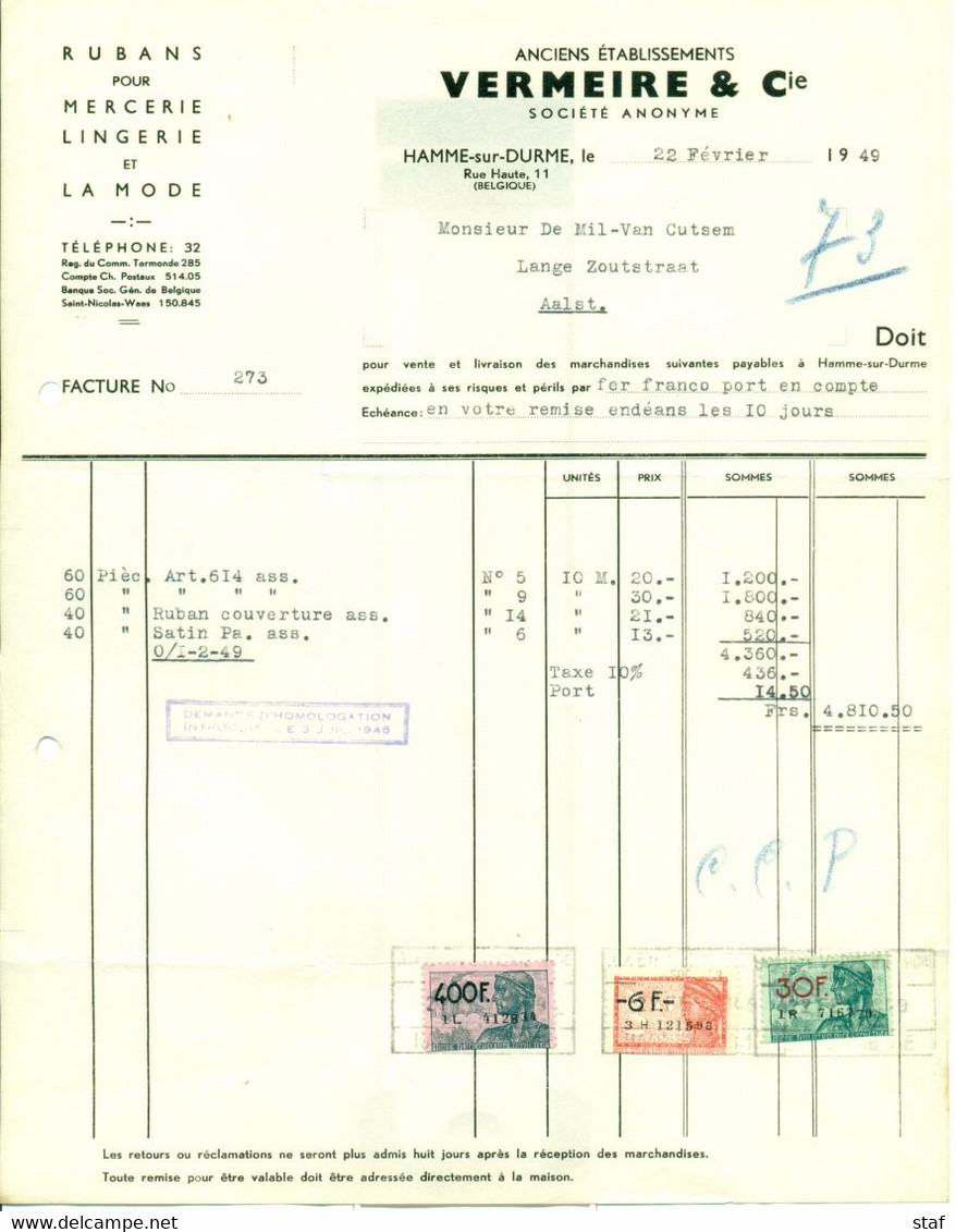 Oude Factuur Vermeire  & Cie Te Hamme - Rubans Pour Mercerie, Lingerie Et Mode  : 1949 - Vestiario & Tessile