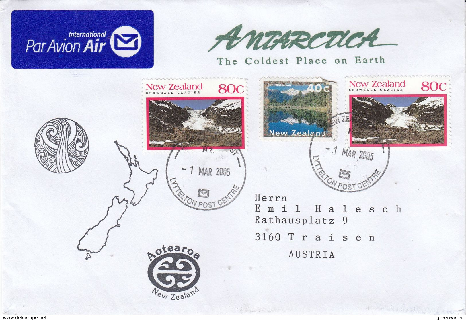 New Zealand 2005 Cover Antarctica The Coldest Place On Eart Ca Lyttelton 1 MAR 2005  (GPA124D) - Covers & Documents