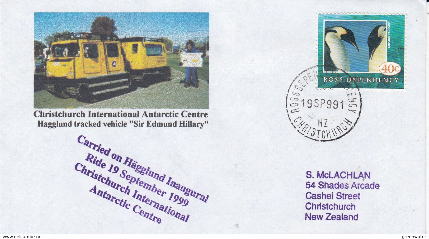 Ross Dependency 1999 Cover Carried On Hägglund Inaugural Ride Ca Ross Christchurch 19 SP 99 (GPA125D) - Lettres & Documents