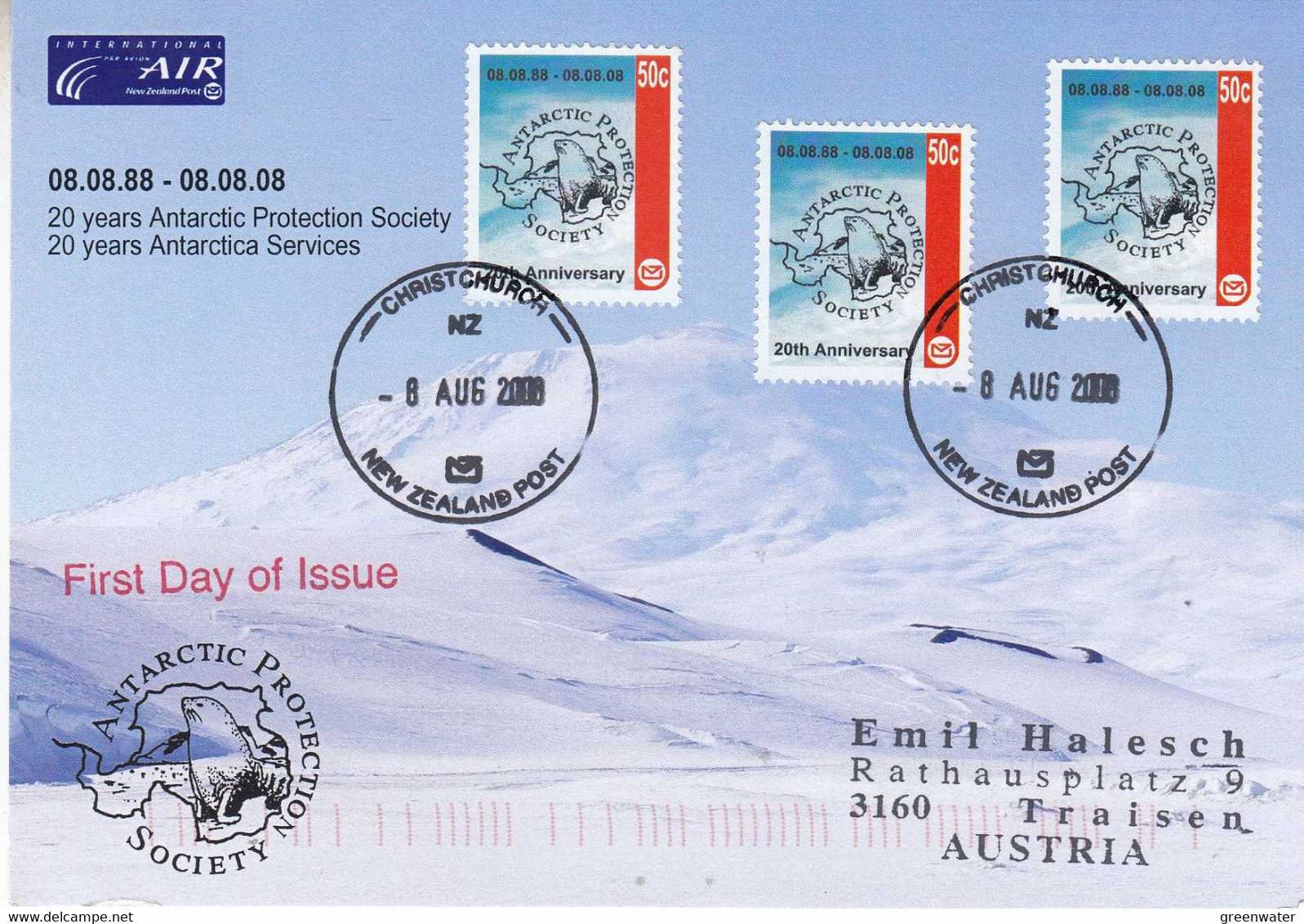 New Zealand 2008 20Y Antarctic Protection Society 3v On Card First Day Ca Christchurch 8 AUG 2008 (GPA128B) - Événements & Commémorations