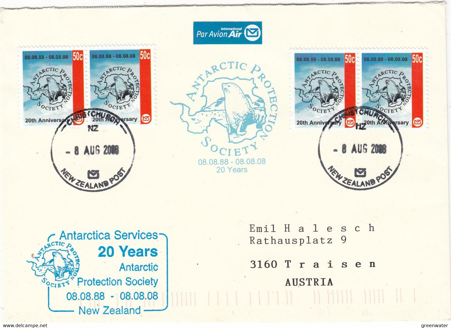 New Zealand 2008 20Y Antarctic Protection Society 4v On Cover Ca Christchurch 8 AUG 2008 (GPA128C) - Events & Gedenkfeiern