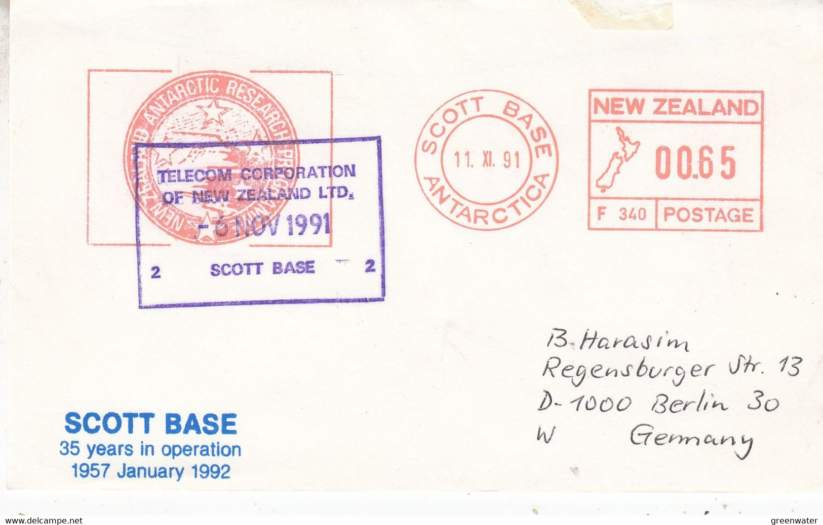 Scott Base 1991 Cover 35y In Operation Ca Scott Base 11 XI 91 Ca Telecom Scott Base (GPA131) - Briefe U. Dokumente