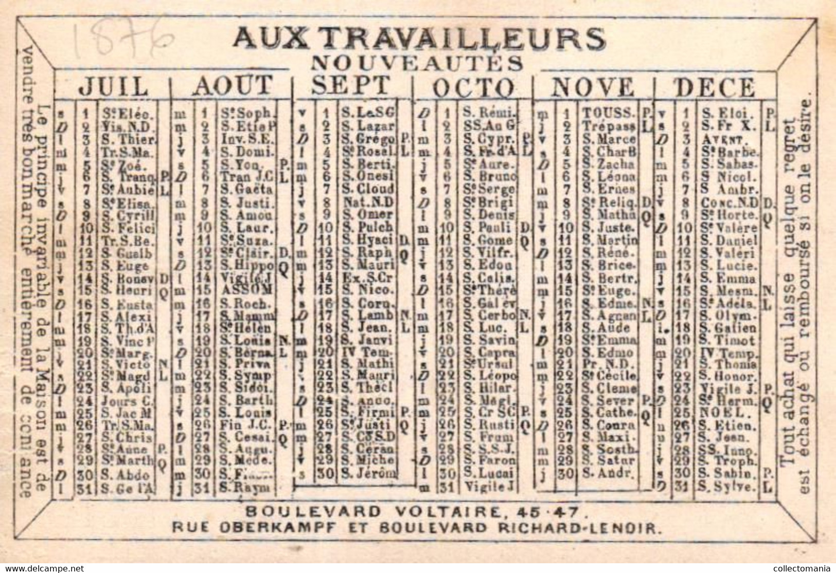 2 Calendriers Aux  Travailleurs Nouveautés 1876 Boulevard Voltaire Paris  Litho - Petit Format : ...-1900