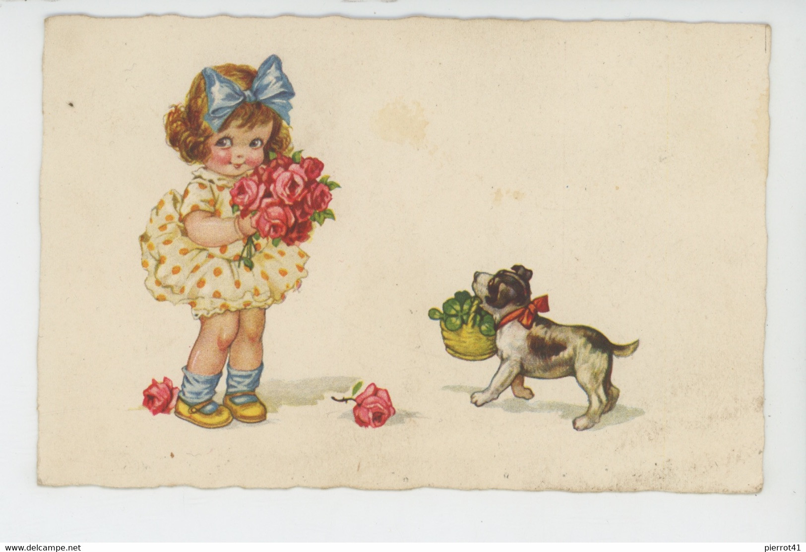 Illustrateur V. CASTELLI (non Signée) - ENFANTS - DOG -  Jolie Carte Fantaisie Fillette Avec Bouquet De Roses Et Chien - Castelli