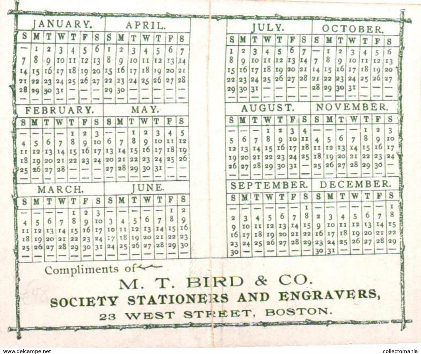 1 Calendar 1894  Bird & Co Engravers Boston  Litho. - Small : ...-1900