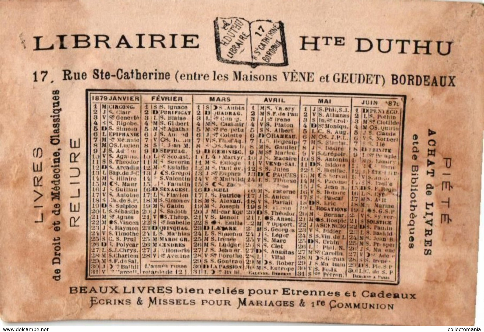 4 calendriers  1879  Libraire Hte Duthu  Livres  de Médicine  Bordeaux  La Paresse La Luxure   l'Orgueil    Litho