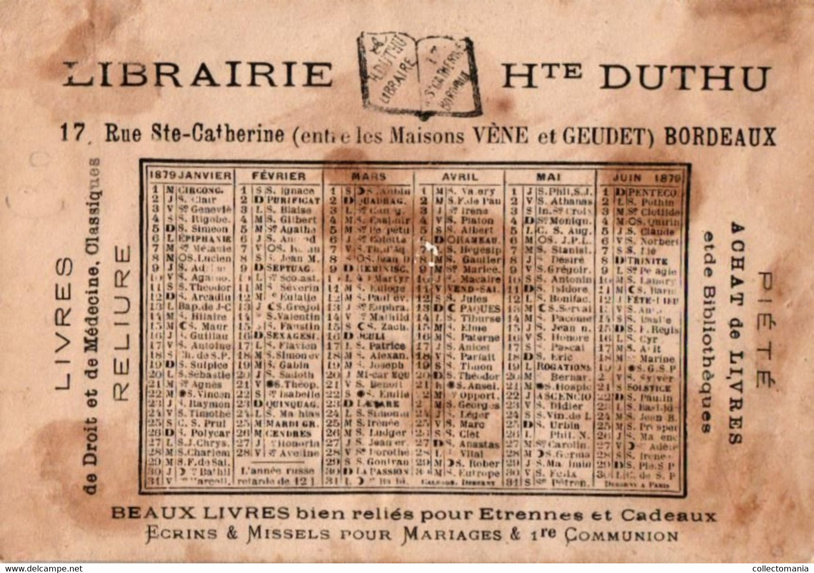 4 calendriers  1879  Libraire Hte Duthu  Livres  de Médicine  Bordeaux  La Paresse La Luxure   l'Orgueil    Litho