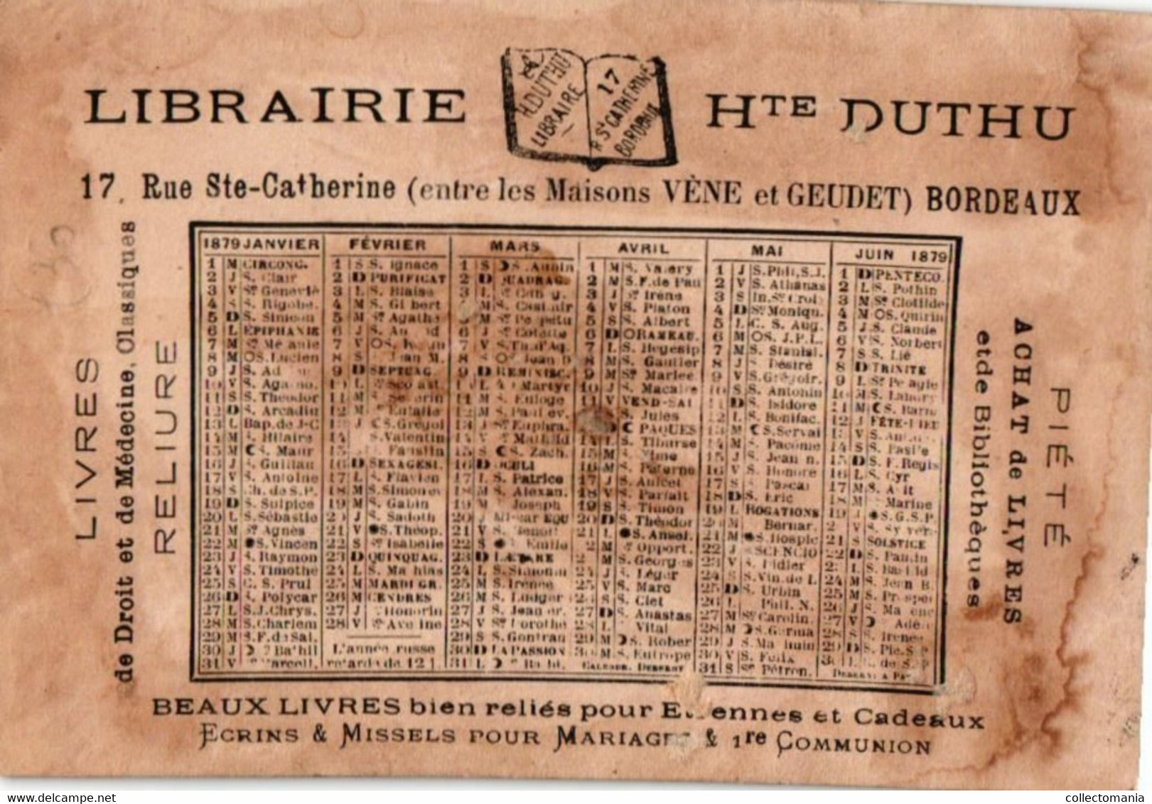 4 calendriers  1879  Libraire Hte Duthu  Livres  de Médicine  Bordeaux  La Paresse La Luxure   l'Orgueil    Litho