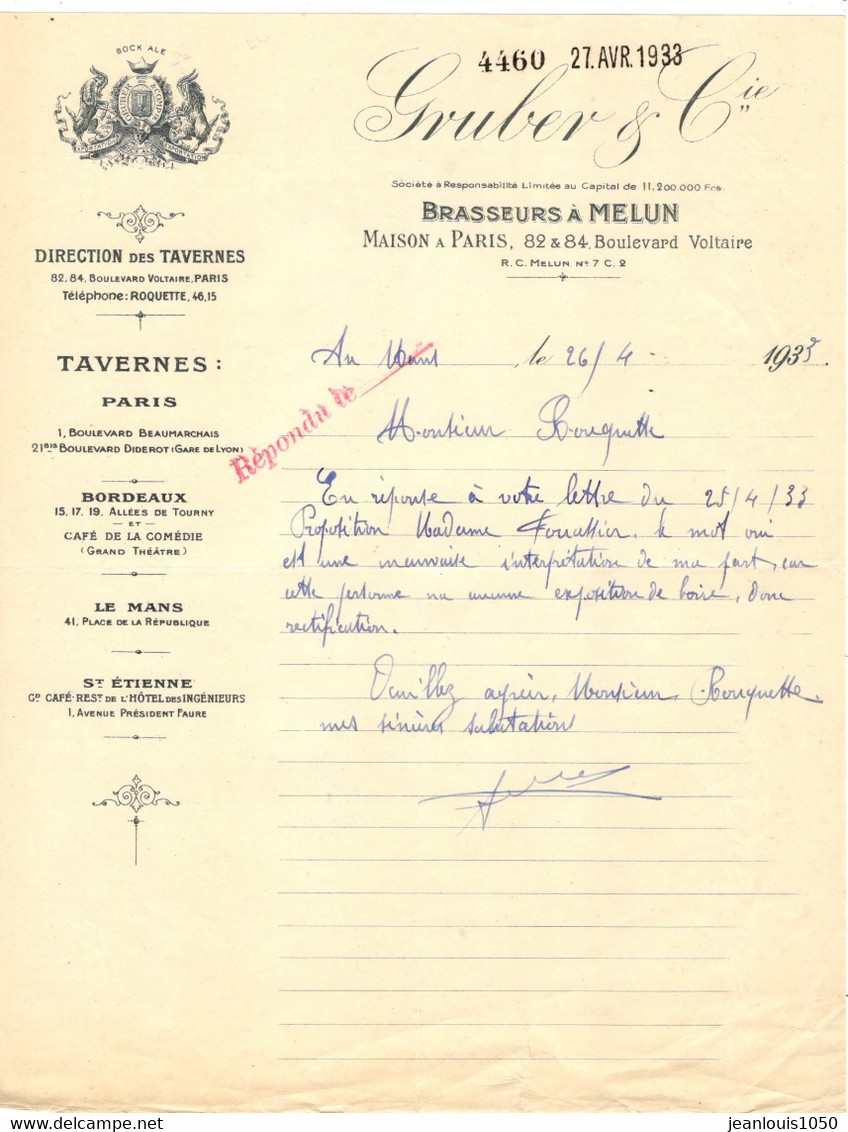 FRANCE COURRIER 1933 A ENTÊTE COMMERCIALE GRUBER BRASSEURS A MELUN  1933-BOISSON BIERE- - Alimentos