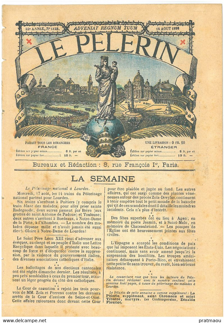 LV1 Le Pèlerin 1898 N° 1128 ,Judaica,Antisémitisme Zola Distribution Prix école Sans Dieu/ Deyfusards Conspués à Nantes - 1850 - 1899