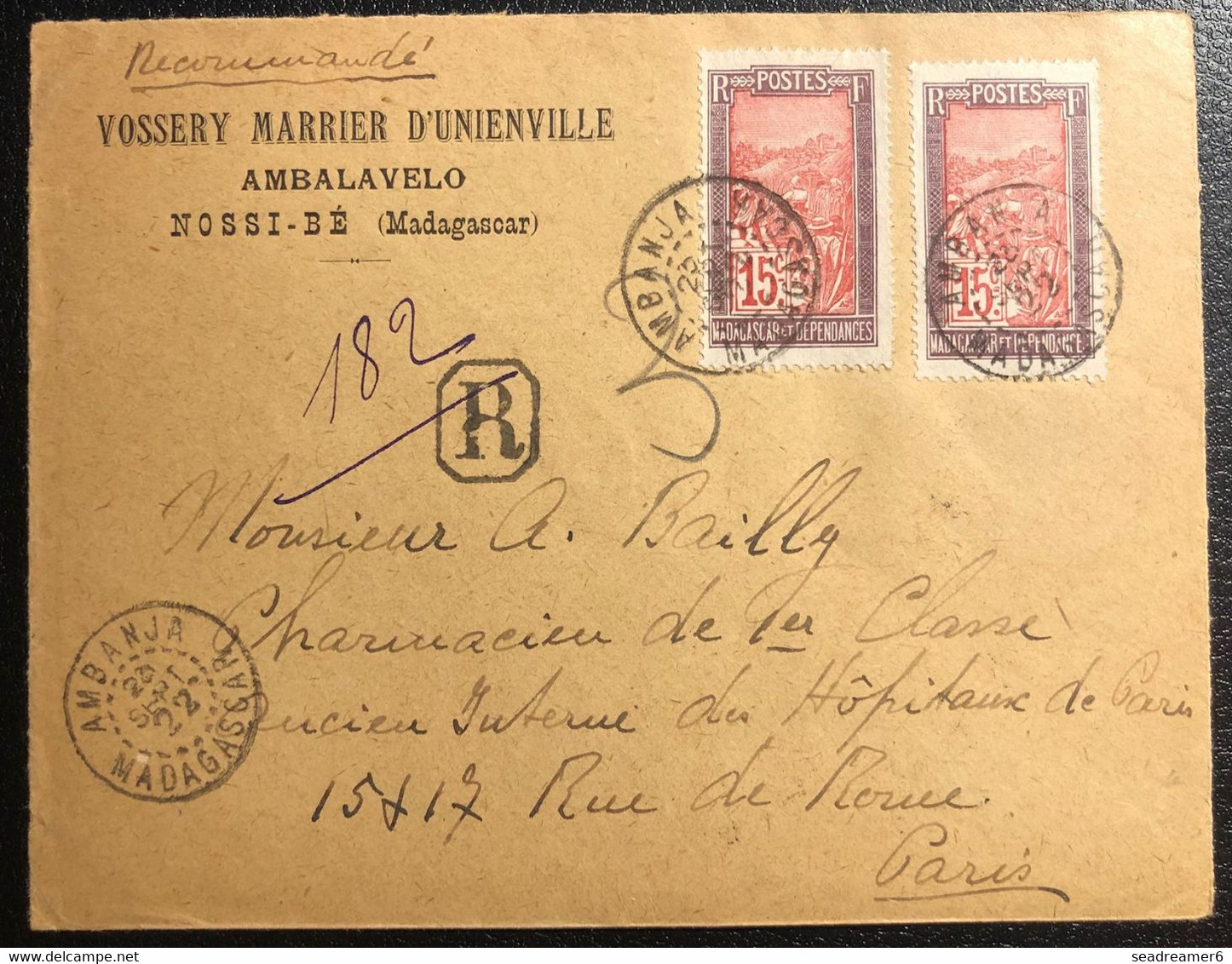 MADAGASCAR RECOMMANDE De Nossi BE DEPART AMBAJA 23 SEPT 1922 Transit Au Dos "diego Suarez" Pour Paris - Covers & Documents