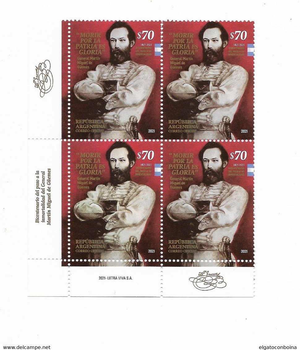 ARGENTINA 2021 MARTIN MIGUEL DE GUEMES 200TH ANNIV OF DEATH BLOCK OF 4 MNH - Nuovi