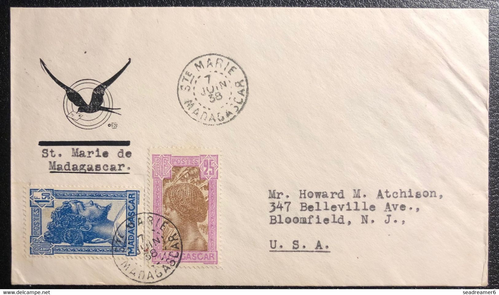 Ste Marie De MADAGASCAR Lettre Pour Les USA N°168 & 176 Obl Dateur "STE MARIE /MADAGASCAR" 7 Juin 1938 TTB - Lettres & Documents