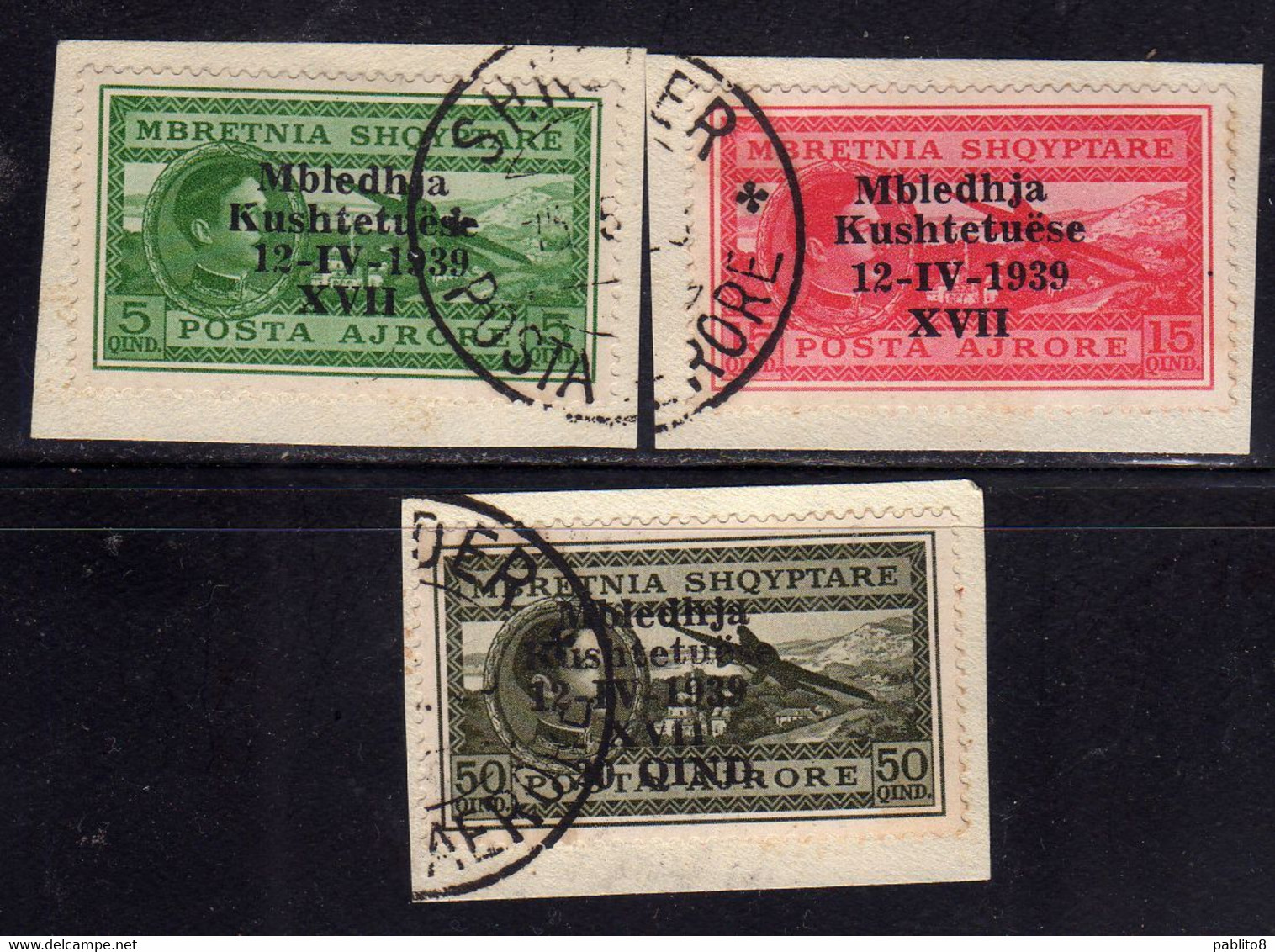 ALBANIA 1939 POSTA AEREA AIR MAIL ASSEMBLEA COSTITUENTE SERIE COMPLETA COMPLETE SET USATA SU FRAMMENTO USED - Albania