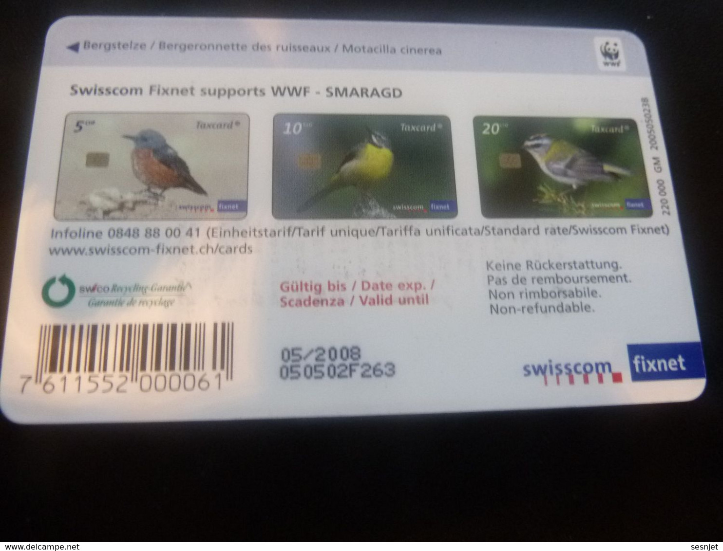 Taxcard - Swisscom - Fixnet - Bergeronnette Des Ruisseaux - 10 Chf - 05/2008 - 220 000 - - Songbirds & Tree Dwellers