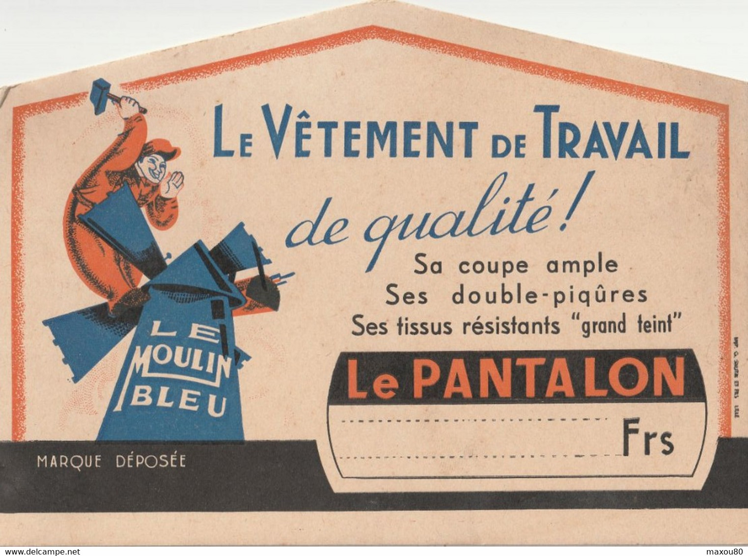 Carton Publicitaire, Pour Le Vêtement De Travail LE MOULIN BLEU - Targhe Di Cartone