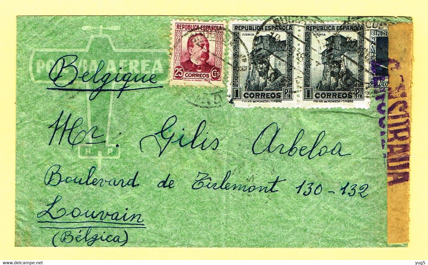 1938 Lettre Poste Aérienne Vers Belgique, Bande Censure Et Cachet - Republikanische Zensur