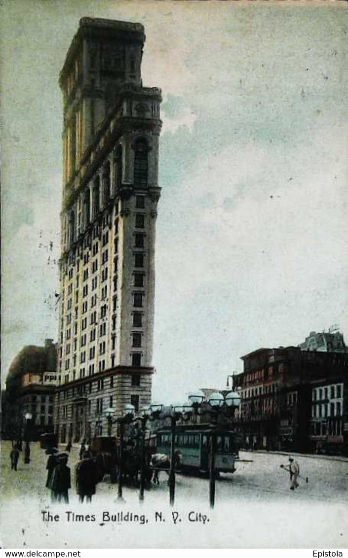 ► Tramway (Horse Powering) The TIMES BUIDING New York City - Amitiés  1908 For Paris 2c Stamp Backside - Transportmiddelen