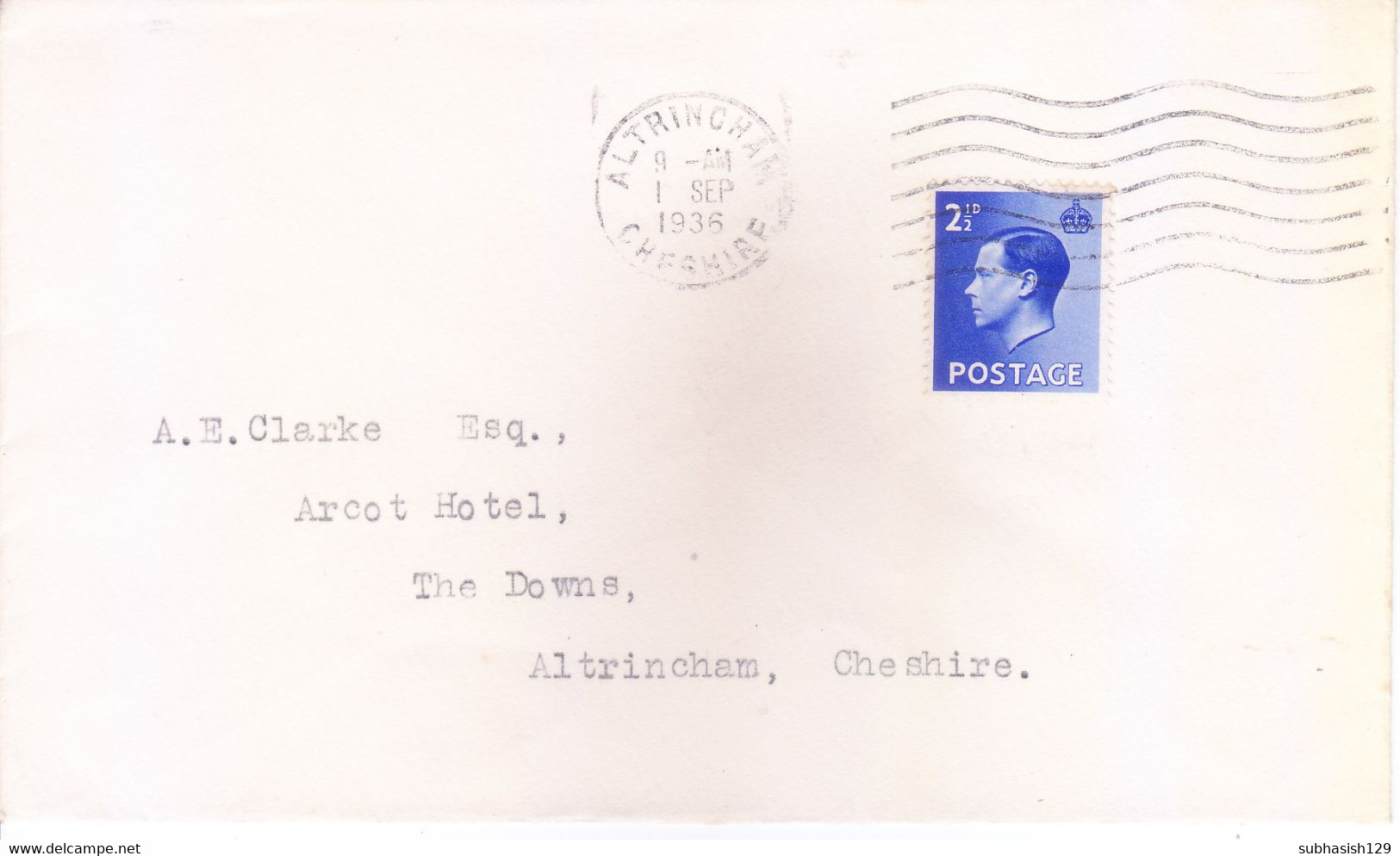 GREAT BRITAIN : FIRST DAY COVER : 01 SEPTEMBER 1936 : 2.5 PENNY BLUE, EDWARD VIII : POSTED FROM ALTRINCHAM - Cartas & Documentos