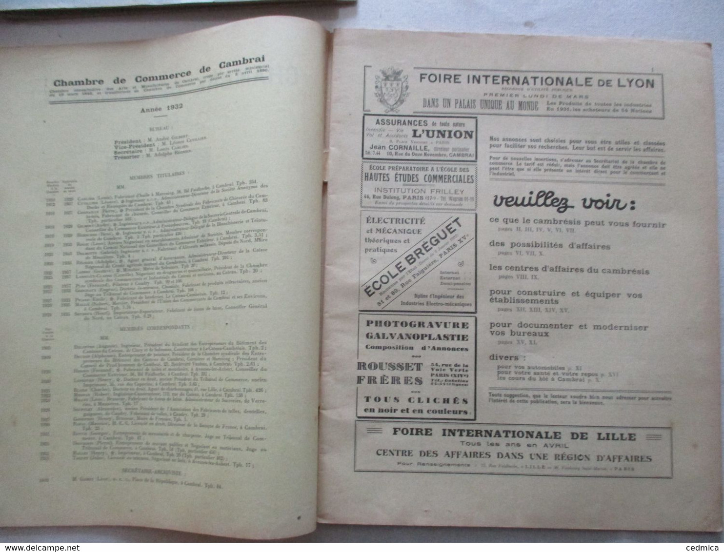 CHAMBRE DE COMMERCE DE CAMBRAI BULLETIN MENSUEL AVRIL 1932 N°131 PUBLICITES,SOMMAIRE - 1900 - 1949