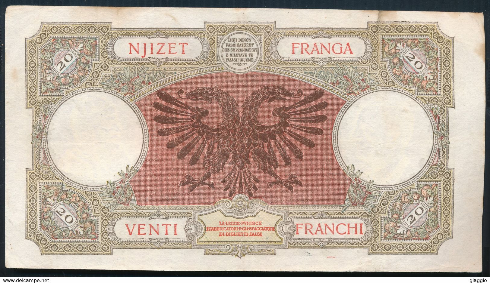 °°° ALBANIA OCC. ITALIANA - 20 FRANGA 1939 °°° - Albanie