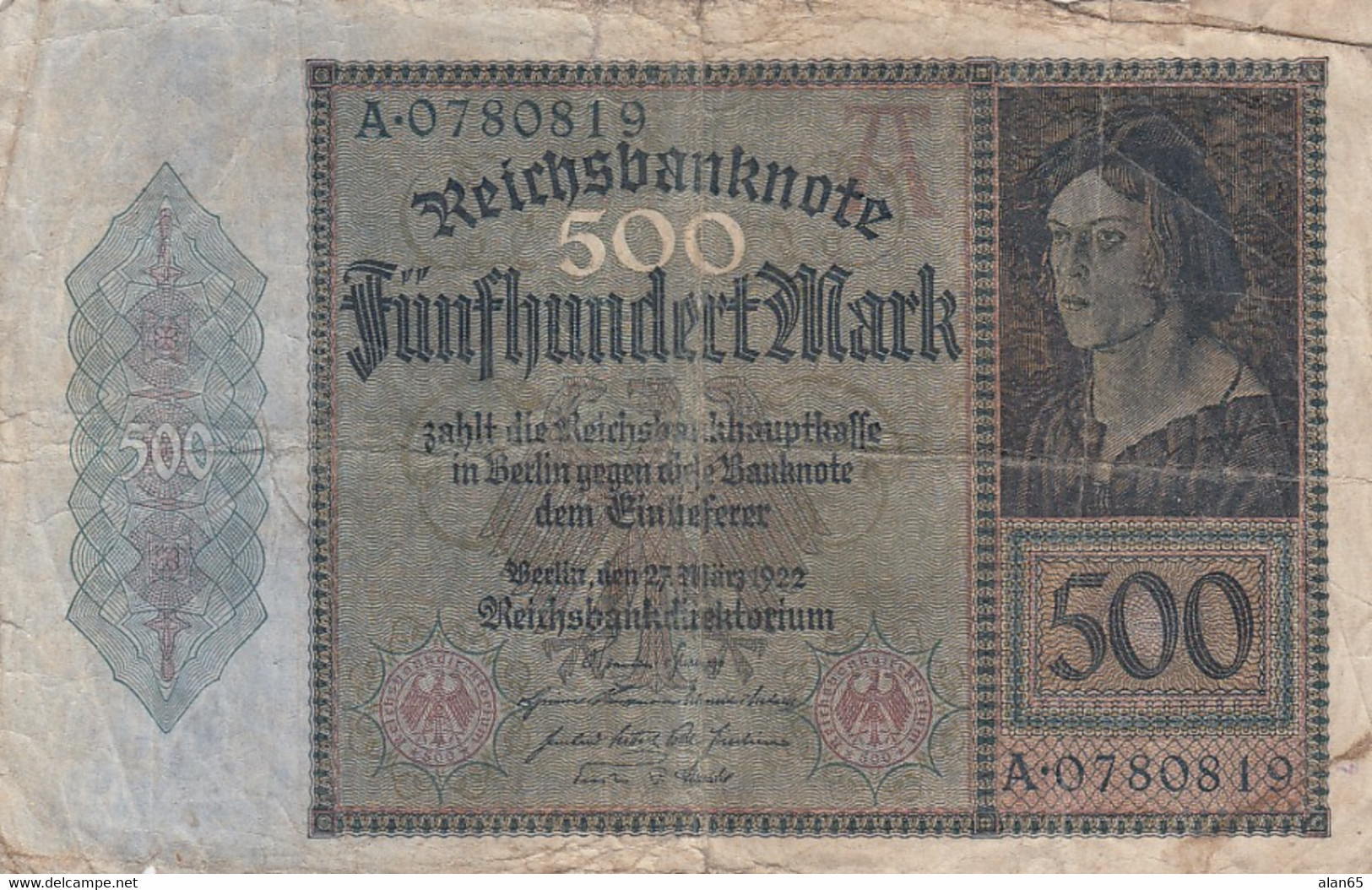 Germany #73, 500 Marks 27.3.1922 Reichsbanknote Banknote Currency - 500 Mark
